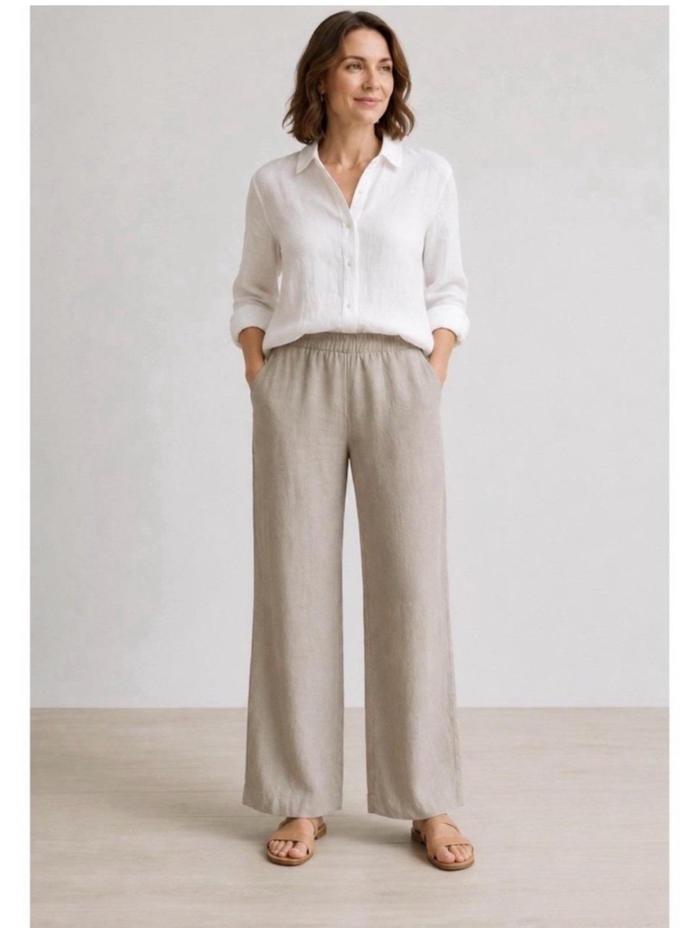 Pure J.Jill Wide-Leg Elastic-Waist Linen Pants Cream Beige Fall Comfort Sz XL